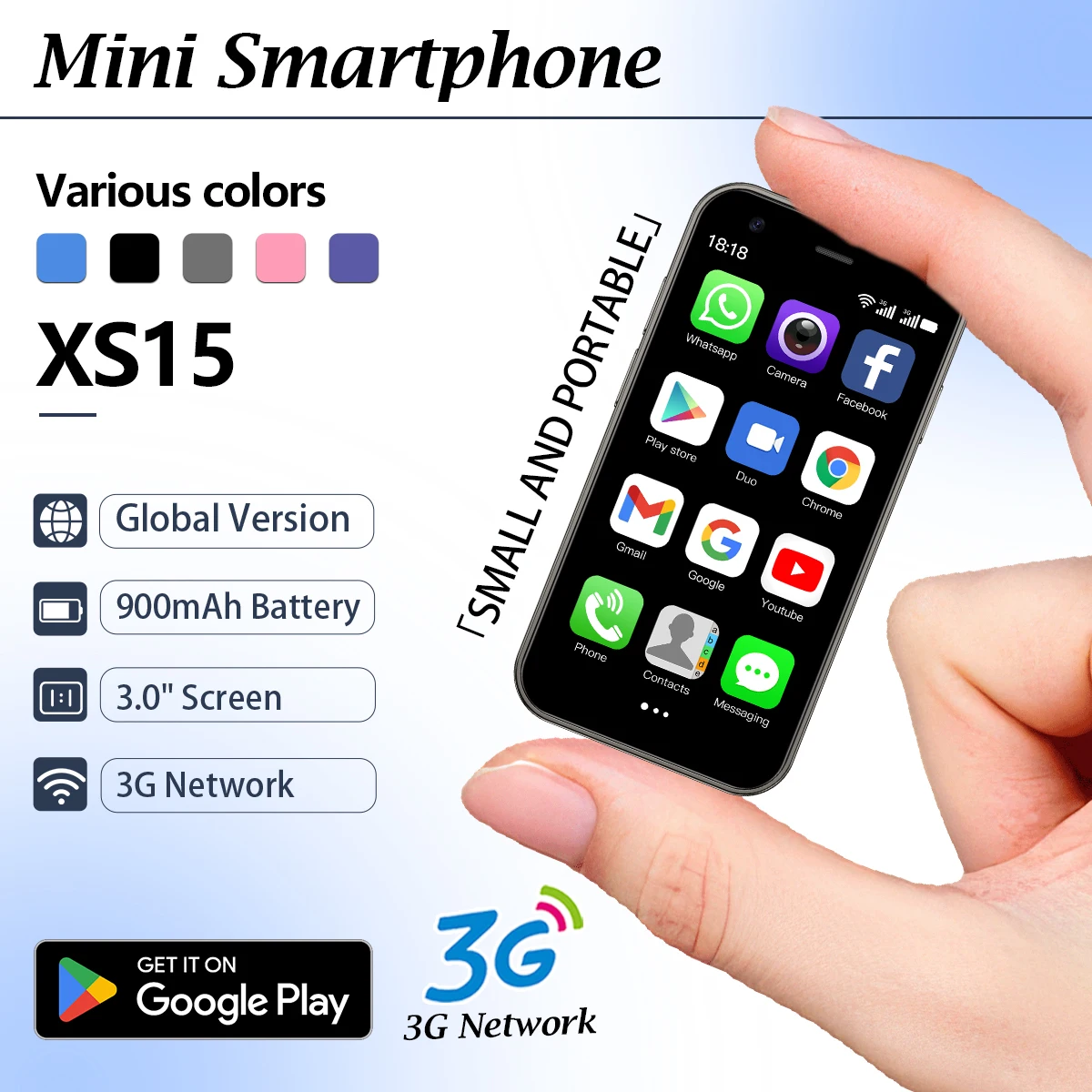 XS15 3G Mini smartfon z systemem Android, obsługa wszystkich sieci, ekran dotykowy 3.0 cala, Wi-Fi, obsługa GPS, wersja globalna