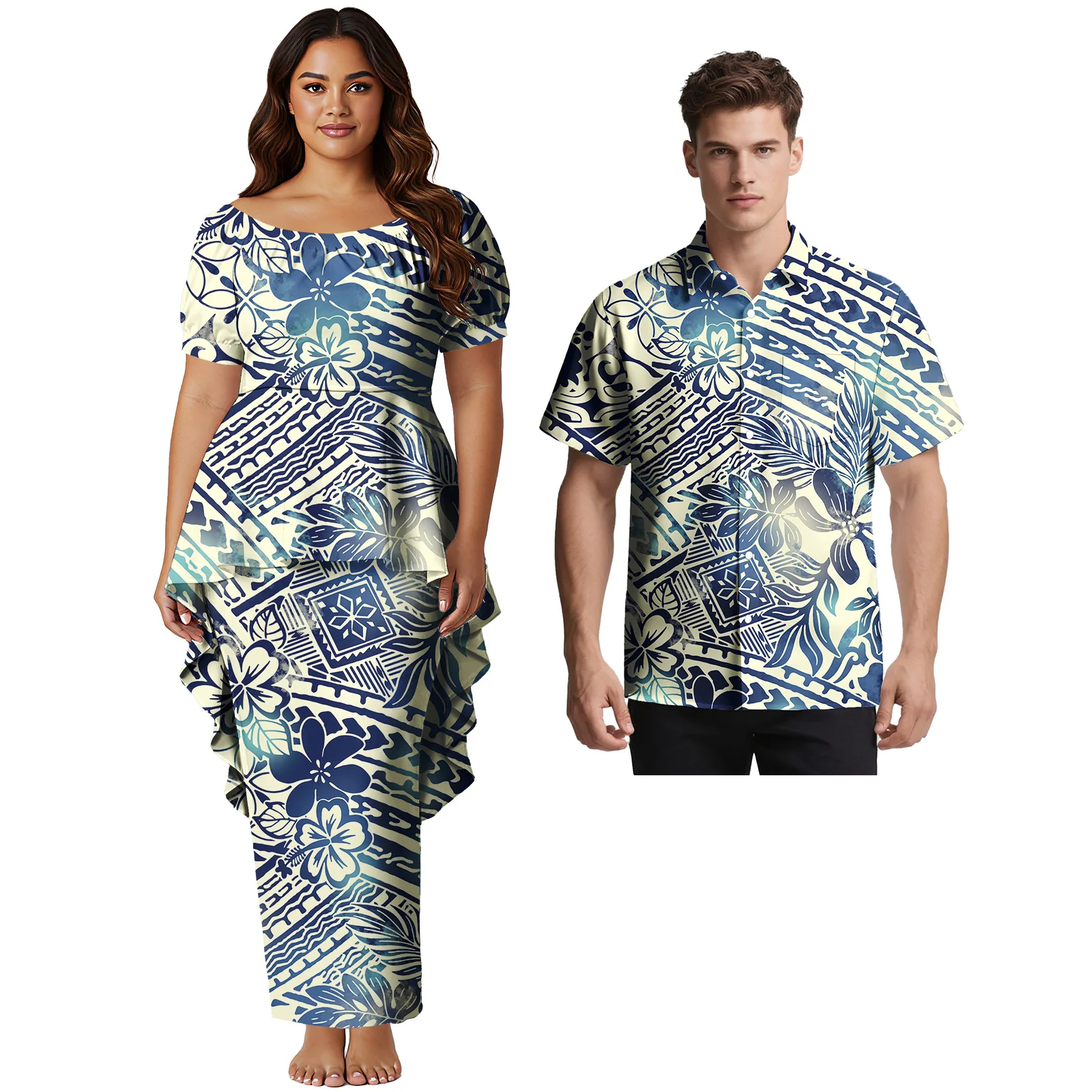 Hawaii Custom Logo His-and-Hers Clothes Church Style Ladies 2pcs Long Dress Men Short Sleeve Shirt Samoan Polynesian Couple Suit