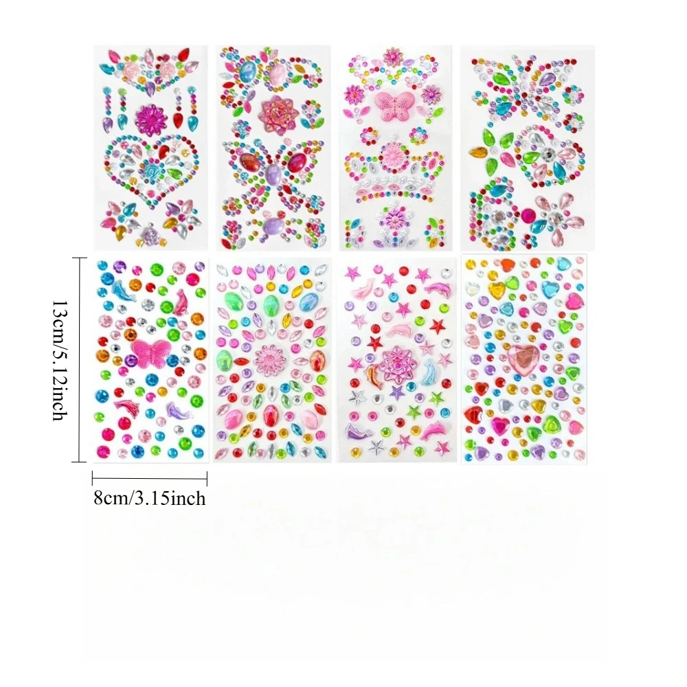 7/8 Blatt Edelstein-Aufkleber, Strasssteine zum Basteln, funkelnde süße kleine Aufkleber, glitzernde Juwelen-Aufkleber für Gesicht, Augen, Körper, Make-up, DIY