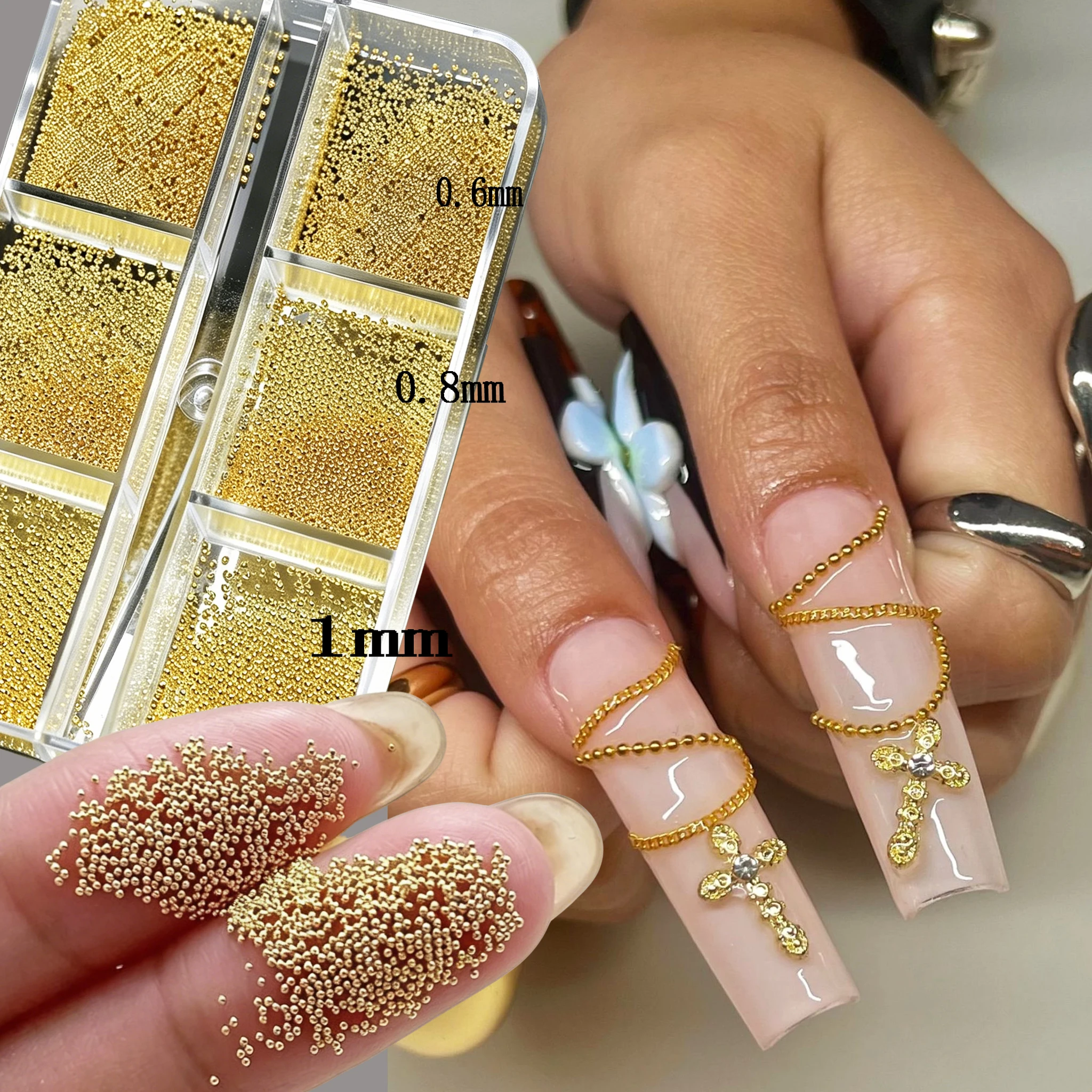 6Grids Gold Metal Caviar Beads Nail Rhinestones Mixed 0.6/0.8/1mm Mirco Steel Balls Nail Charms For DIY Luxury Manicure Nail Dec