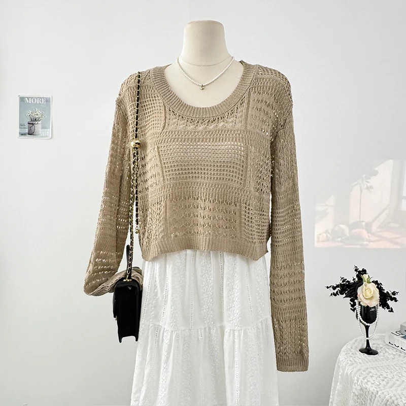 

Однотонный ажурный тонкий пуловер для женщин, весна-лето 202, свободный однотонный вязаный укороченный топ с круглым вырезом, повседневный свитер с длинными рукавами