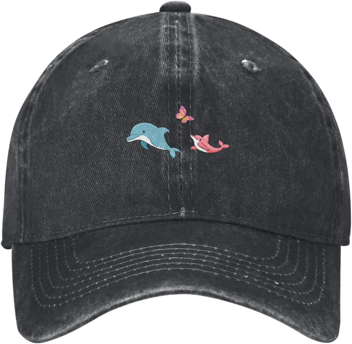 

Black Naughty Little Dolphin Printed Washed Cowboy Baseball Cap for Adults - Stylish and Breathable Hat