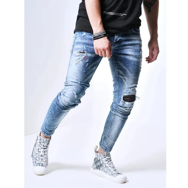 Trendy Street Slim Fit Heren Patched Jeans Luxe Merk Jeans Herenkleding Denims Tranen Streetwear voor Heren Strass Broek Heren