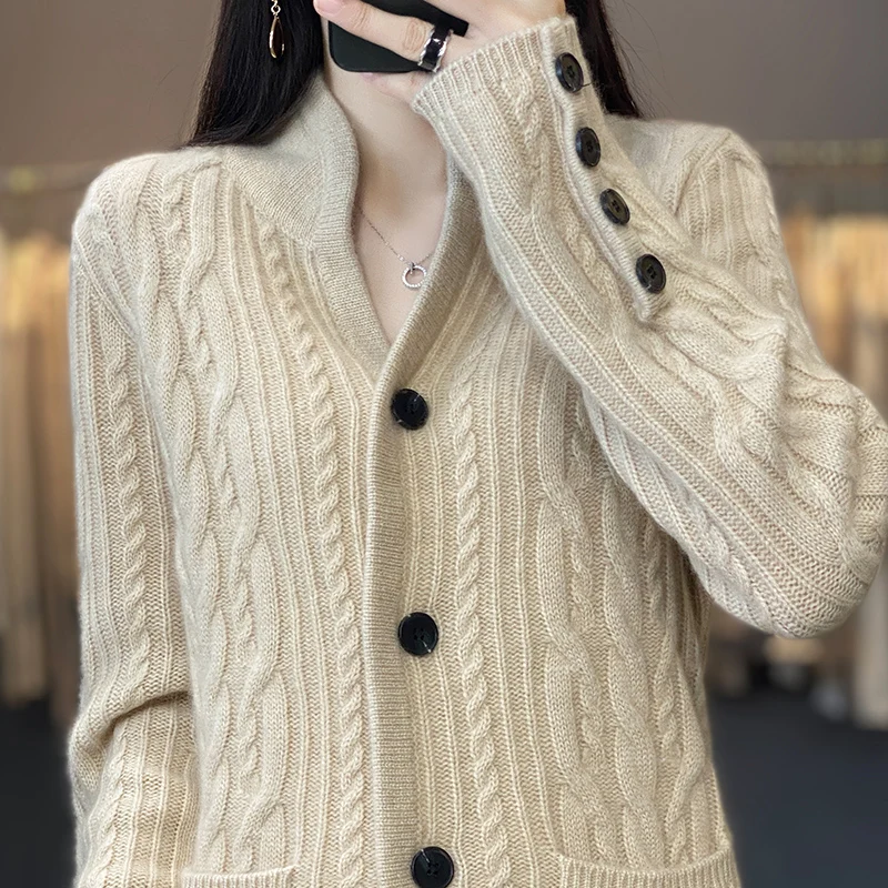 Fashion New 100% wool Sweater Solid Color Knitted Women\'s Cardigan Sweater Premium Long Sleeve Woolen Sweater Autumn and Win