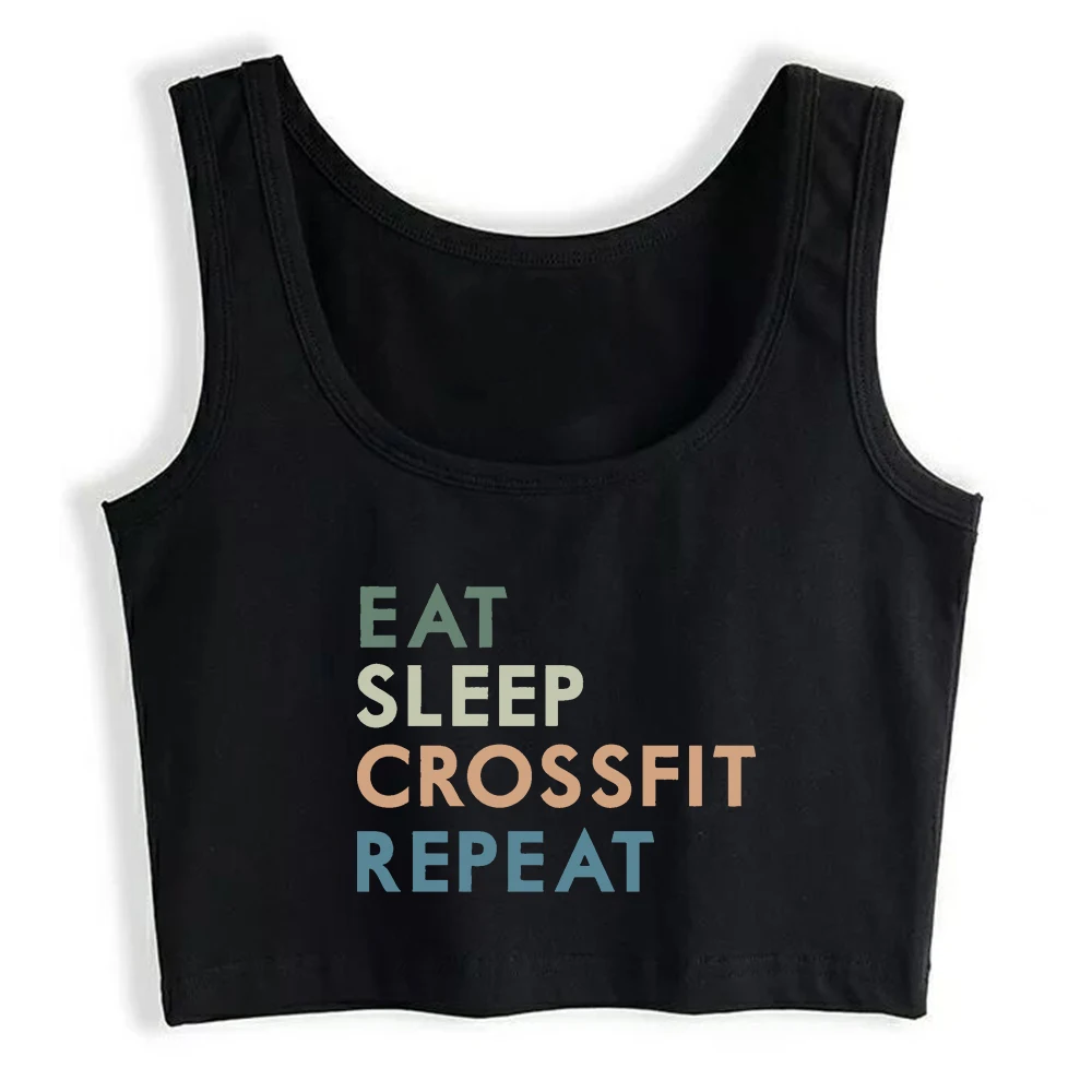 Eat Sleep Crossfit Repeat Design Sexy Slim Fit Crop Top Women's Yoga Sport Fitness Workout Tank Tops Cotton Training Camisole