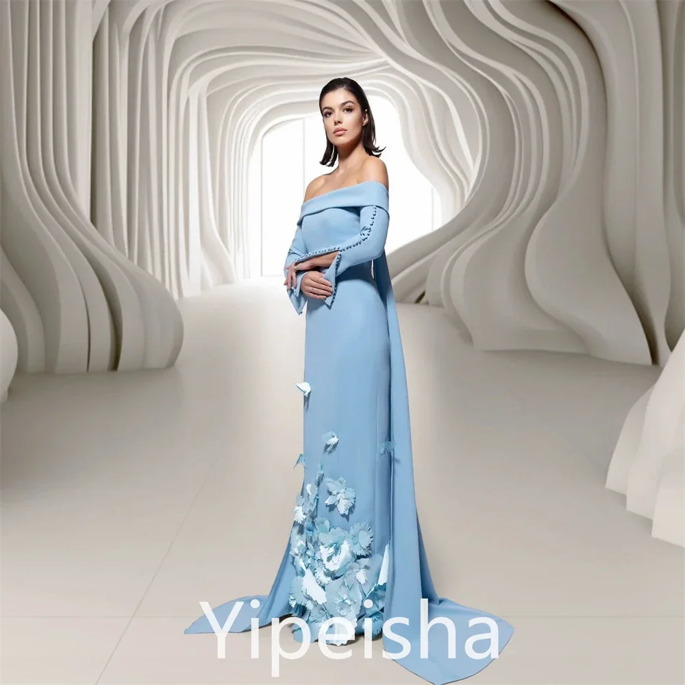 Customized Exquisite Elegant Off-the-shoulder Sheath Evening  Flower Satin Floor Length Watteau Custom Evening Dress