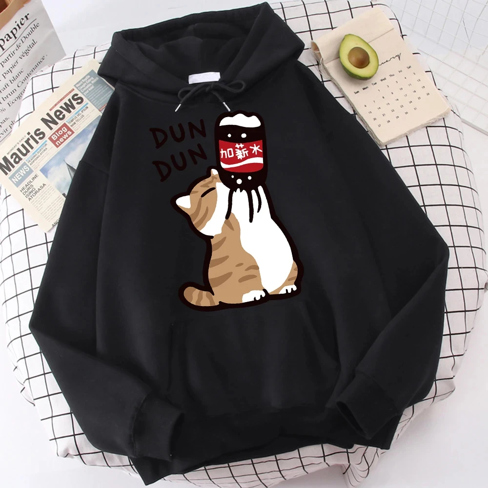 Cartoon Cat Drink Salary Increase Beverages Mens Hooded Jacket Casual Cartoon Hoodies Pleasure Sweatshirts Harajuku Tops