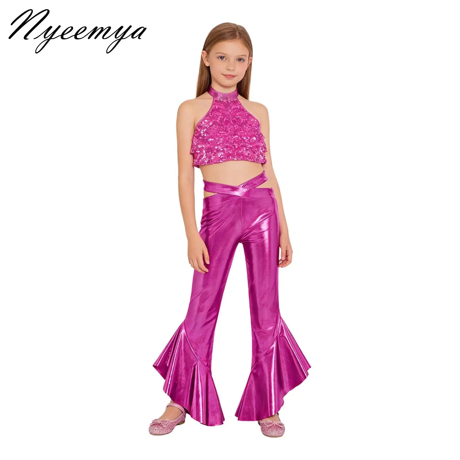 

2Pcs Kids Girls Hip Hop Dance Outfit Shiny Sequin Tiered Backless Crop Top+Ruffle Flared Pants for Jazz Latin Ballet Performance