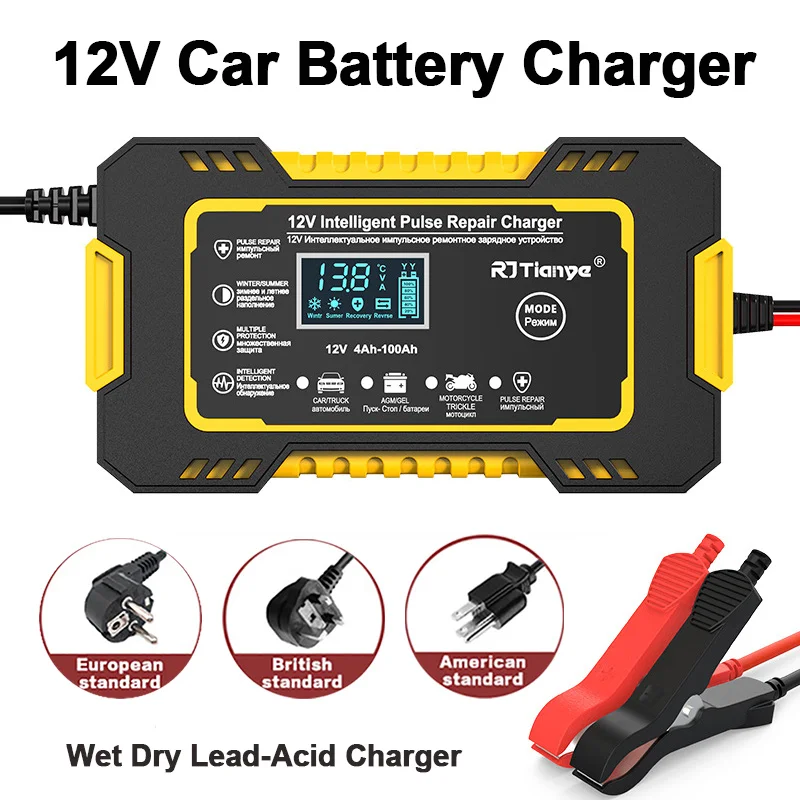 

12V Car Battery Charger Digital Display Puls Repair Chargers Fast Power Charging Wet Dry Lead-Acid Charger For Auto Motorcycle