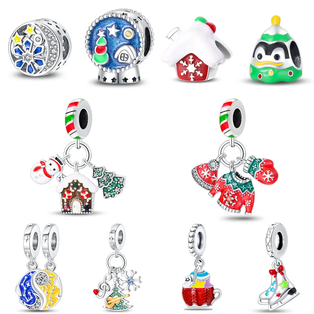 Silver-Plated Christmas Snow Globe Charm Beads Fit Original Bracelets Bag Keychain Charms Beads Pendant Diy Women Jewelry Gift