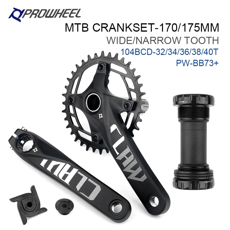 PROWHEEL CLAW MTB Crankset 104BCD 170/175MM Crankset and Steel 104BCD 32/34/36/38/40T Chainrings and BB mtb 12V Crankset