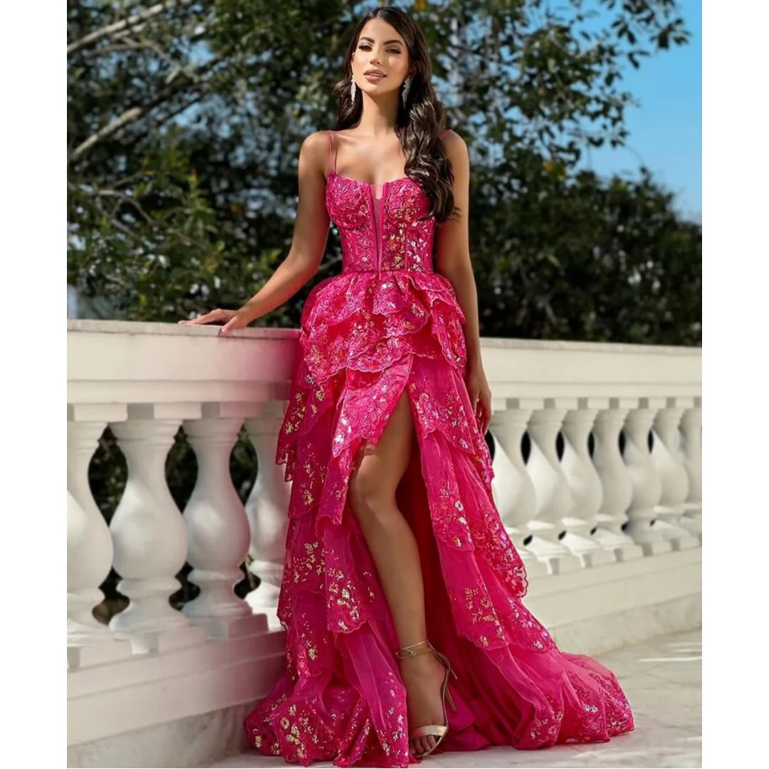 

Fuchsia Lace Sequined Evening Dresses Ruffles Spaghetti Straps vestidos de noche Side Slit Prom Dress Party Gowns Customized