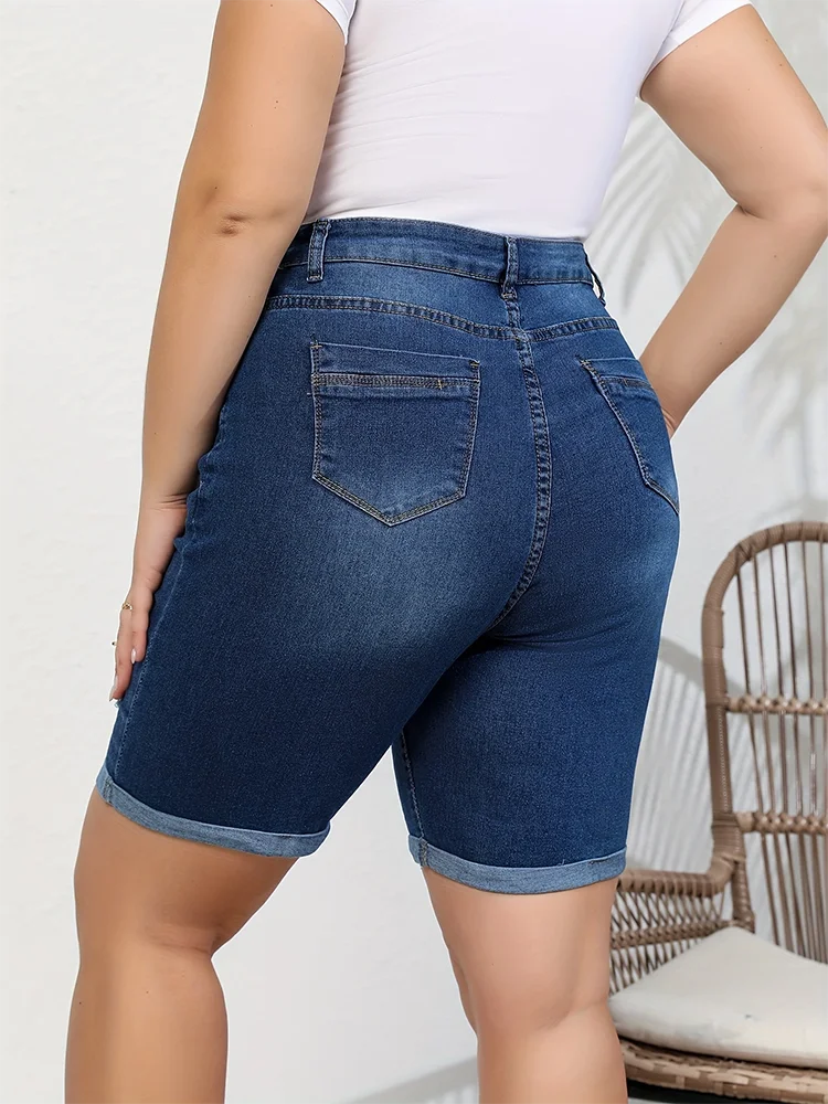 Klasyczne niebieskie zwinięte spodenki jeansowe Moda damska Uniwersalne gorące spodnie Plus Size Średnia talia Rozciągliwe dżinsy Solidne obcisłe