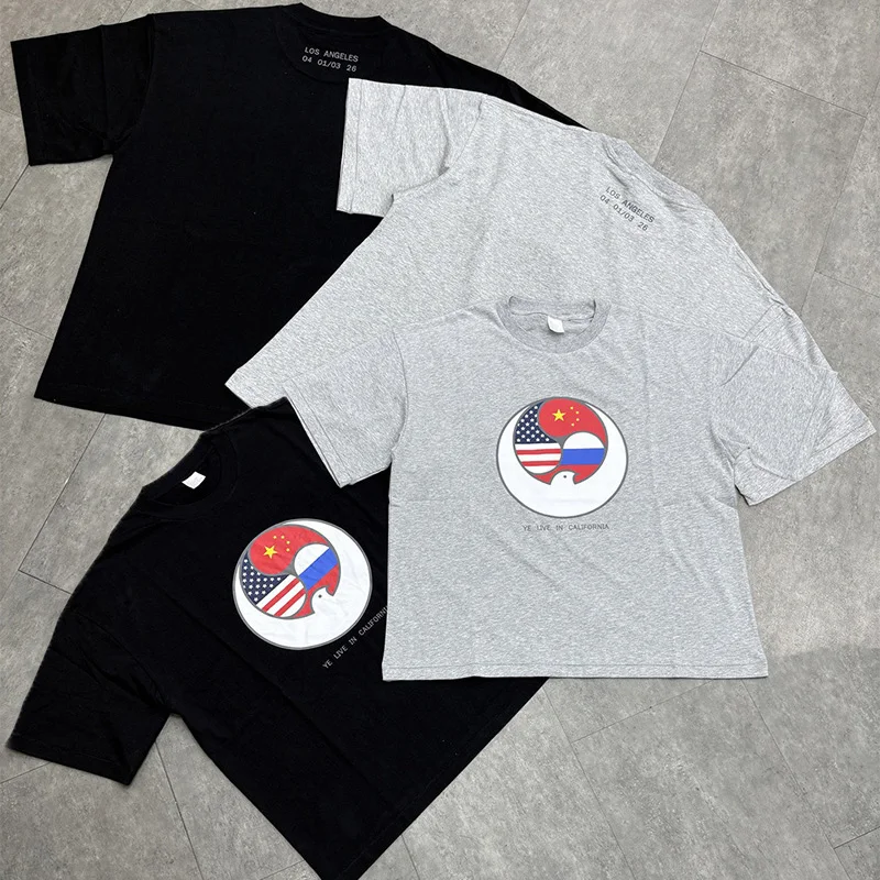 Men Women Hip Hop Flag Print Kanye West Vultures YZY LIVE T-Shirt Best Quality Cotton Oversized BULLY T Shirt Black Gray Top Tee