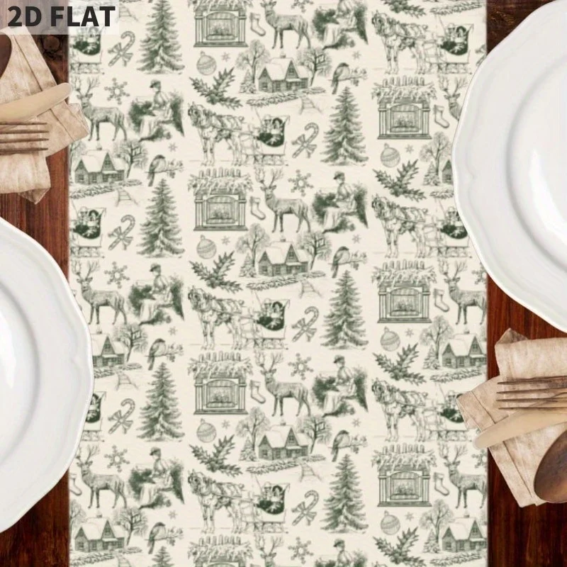 

Christmas Table Runner - Vintage Toile Pattern, Green on Cream Polyester material requires no electricity for printing
