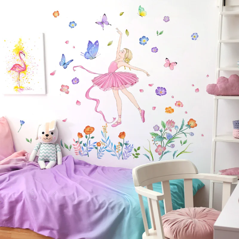 Butterfly Flower Dance Girl Wall Stickers DIY Background Wall Living Room Bedroom Home Decoration Sticker Waterproof Antifoulin