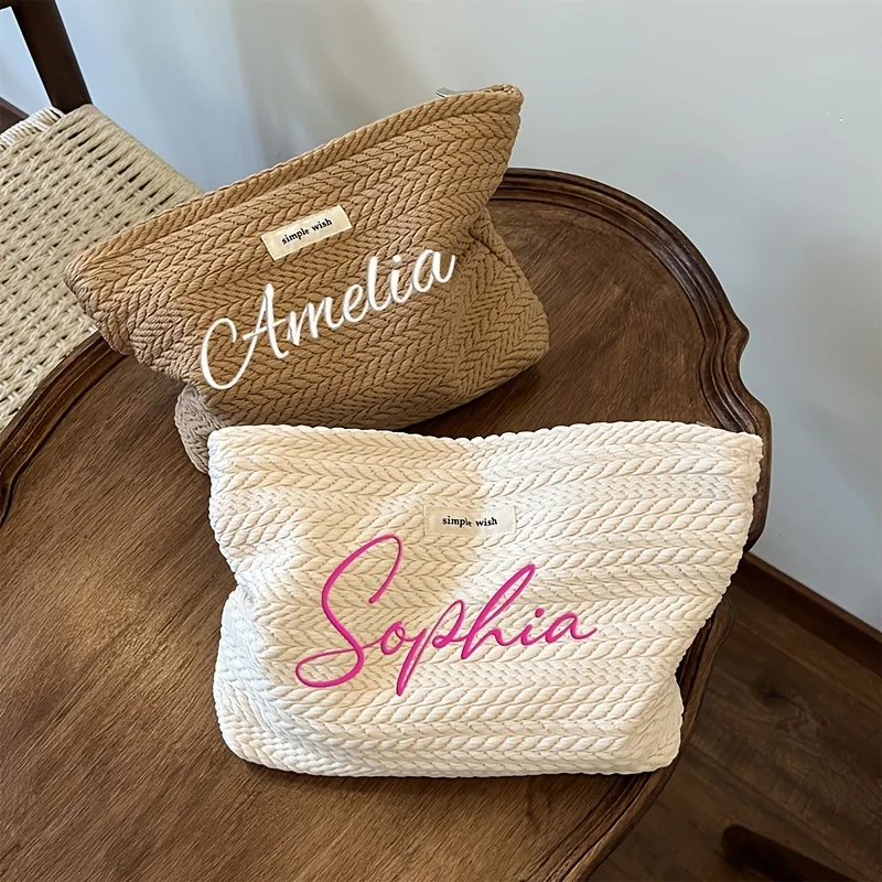 Embroidered Name Wheat Pattern Woven Handbag, Lightweight Vintage Style Summer Tote Bag, Ideal Gift for Vacation Beach Daily Use