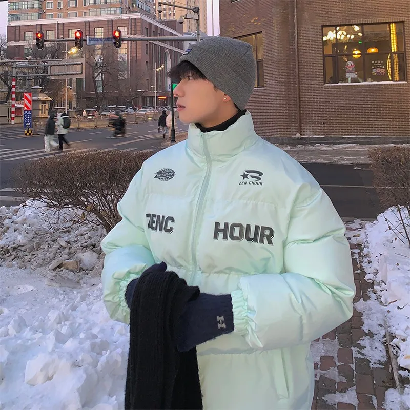 

Men's Winter Thiened Warmth down Cotton Jaet 2024 New Sle Bread Sle Coat Youth Casual Pure Color Zipper Closure