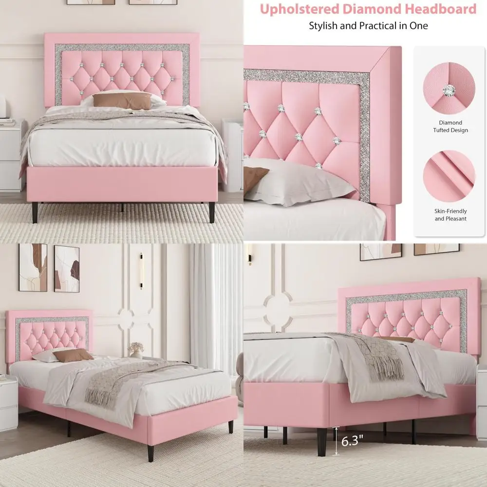 Twin Size Upholstered Platform Bed Frame with Tufted Button Headboard and Diamond Pattern, Wood Slat Support, No Box Spring Need