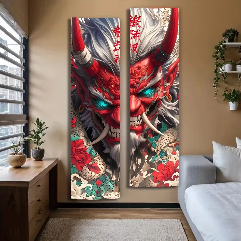 Japanese Red Oni Demon Snake Flower Long Vertical Tapestry, Large Wall Tapestry, Cool Room Decoration Items for Bedroom