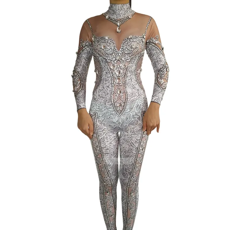 Vintage Printing Rhinestones Skinny Jumpsuit Women Stretch Shining Dance Costume One-piece Bodysuit Nightclub Party Leotard