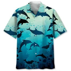 Loose Lapel Hawaiian Shirts Cute Ocean Dolphin Pattern Aloha Shirt For Men 3D Printed Sea Animal Short Sleeve Button Blouse