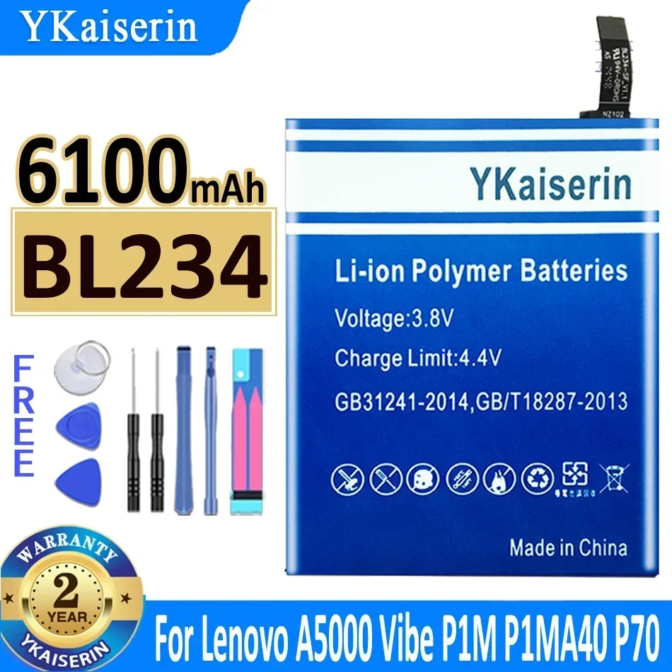 Bateria ykaiserin 6100mah bl234 para lenovo a5000 vibe p1m p1ma40 p70 p70t P70-T p70a P70-A bateria