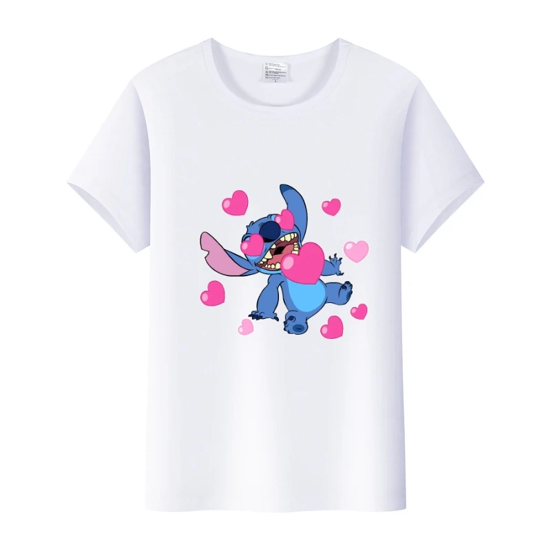 Kawaii Lilo Stitch Love Heart Disney Cartoon Ladies Blouses Crop Tops Summer Child T-shirts White Shirt Cheap Tees Woman Clothes