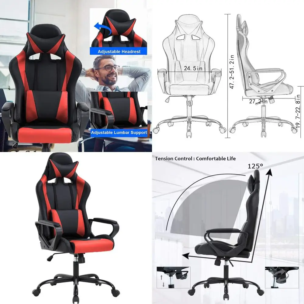 

Эргономичное офисное кресло с высокой спинкой и поясничной поддержкой для игр и работы — красное, в гоночном стиле