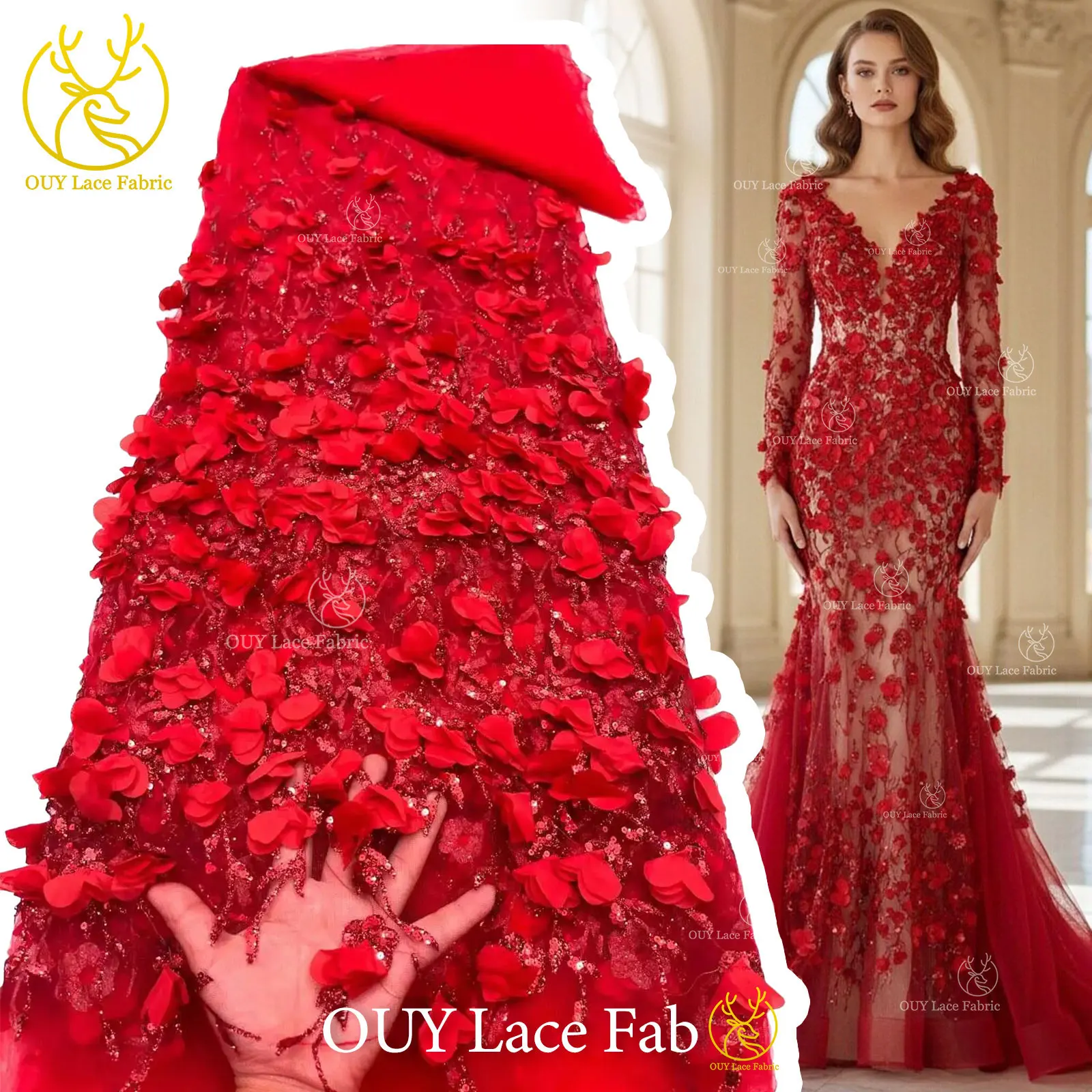 African 3D Floral Lace Fabric 5 Yards High-Quality French-Style Nigerian Glue Sequins Lace Fabric Wedding Gown & Evening Dress
