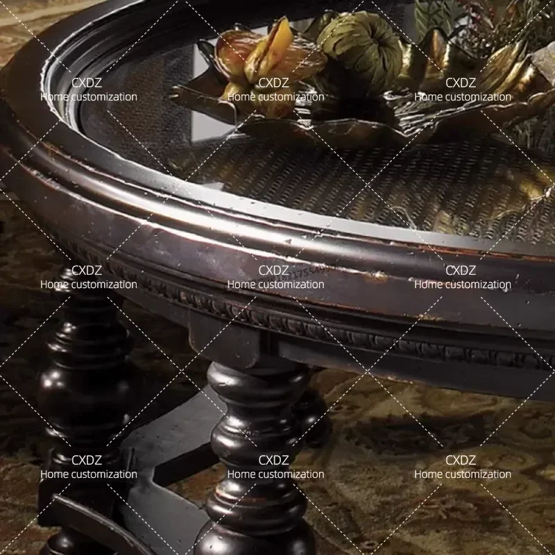Solid Wood Dark Black Walnut Round Coffee Table for Living Room High End Classical Villa Home Retro Style Customizable
