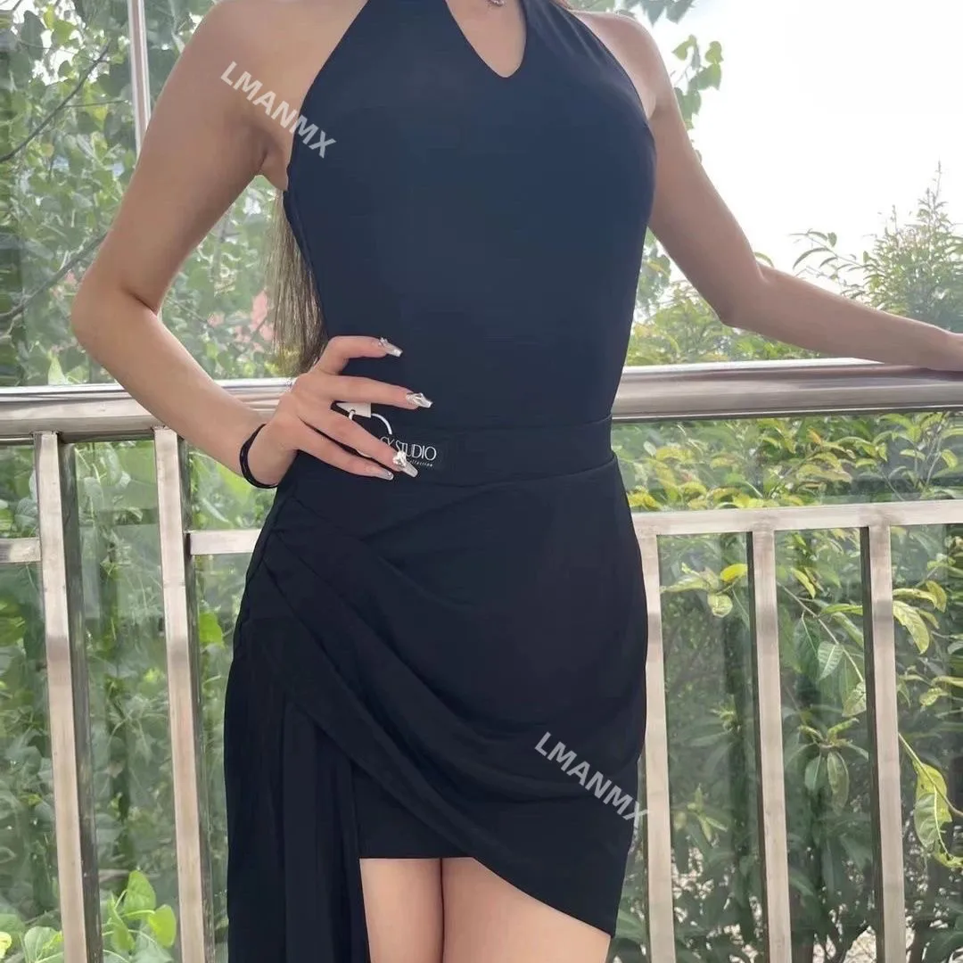Summer Latin Dance Black Hanging Neck jumpsuit with ribbon Latin Dance leg length display