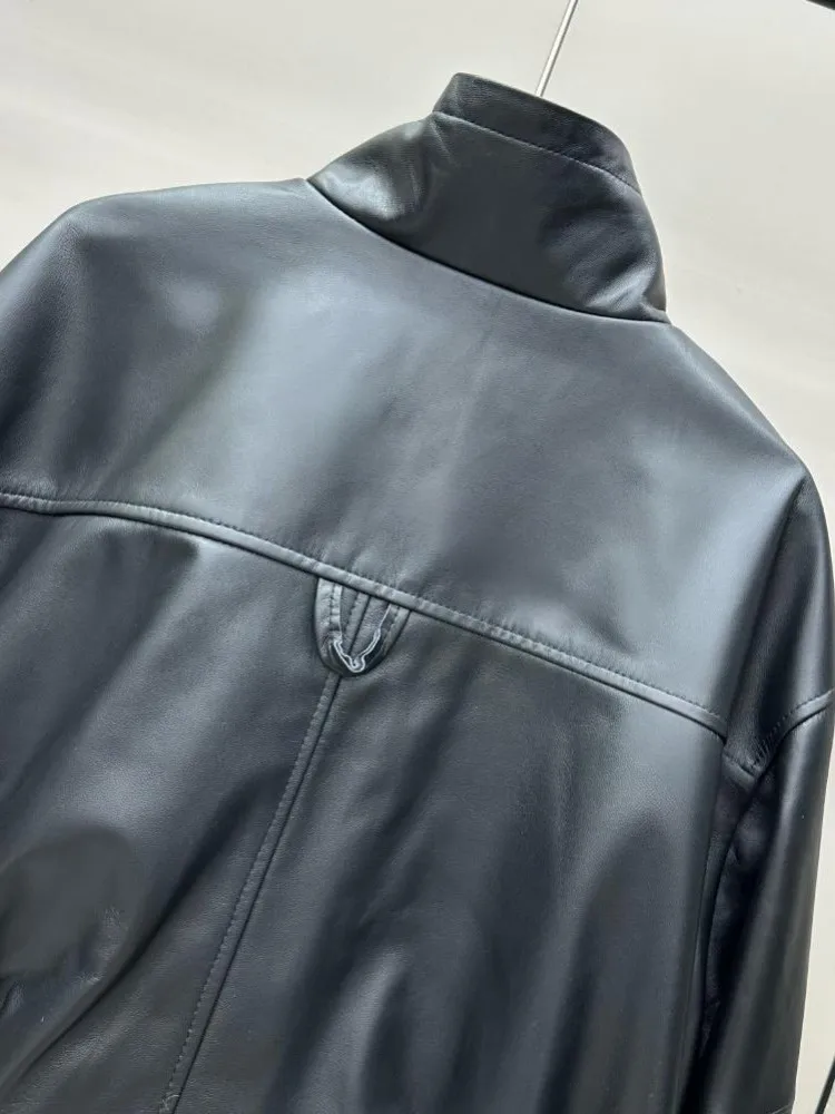 Büro Damen Echtes Leder Stehkragen Mode Jacke Einfarbig Schaffell Lange Ärmel Lose Zipper Taste Oberbekleidung