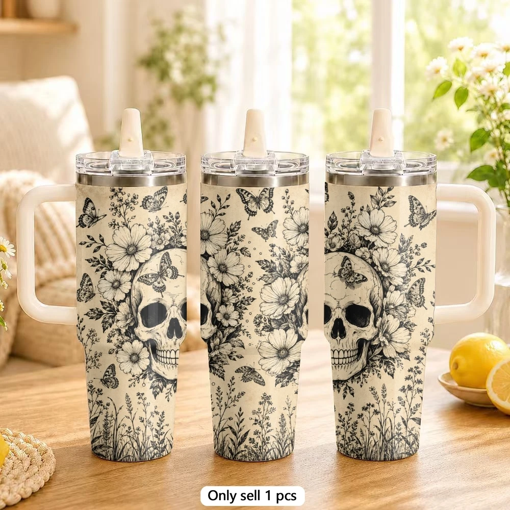 Halloween Skeleton Vacuum Flasks 40oz Stainless Steel Tumbler with Handle Straw Lid Vacuum Insulated Double Wall Leak Proof