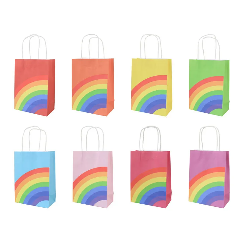 8pcs/lot Birthday gift bags Kraft Paper Rainbow Bags Treat Kids Birthday Cookie Bag Rainbow Bag Christmas Party Supplies