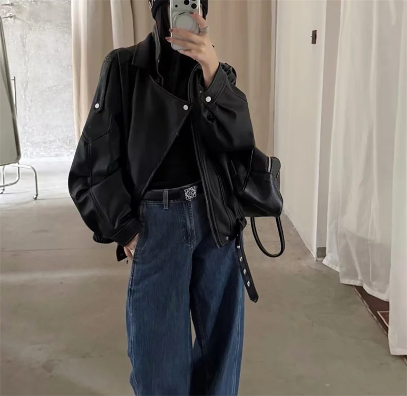 Guobioziy 2026 Fall New Women's Jacket 2026 Fall New Release Loose Faux Leather Biker Jacket Parka European and American Style