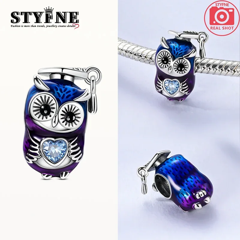 سحر الفضة 925 قبعة البكالوريوس البومة على شكل قلب الخرز صالح سحر بلاتا 925 الأصلي خرز سوار النساء صنع المجوهرات Diy بها بنفسك #3