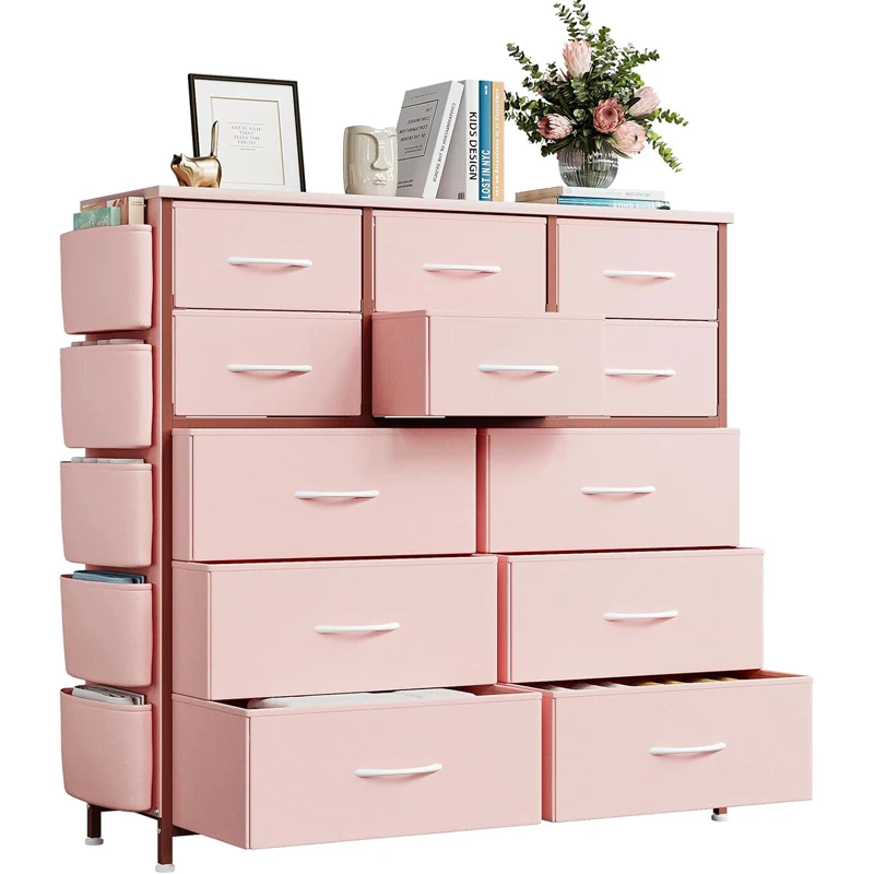 12 Drawer Fabric Dresser with Side Pockets & Hooks, Steel Frame & Wood Top | Spacious 12 fabric drawers, side pockets & hooks, sturdy metal frame wood top, adjustable floor feet, multi-room storage