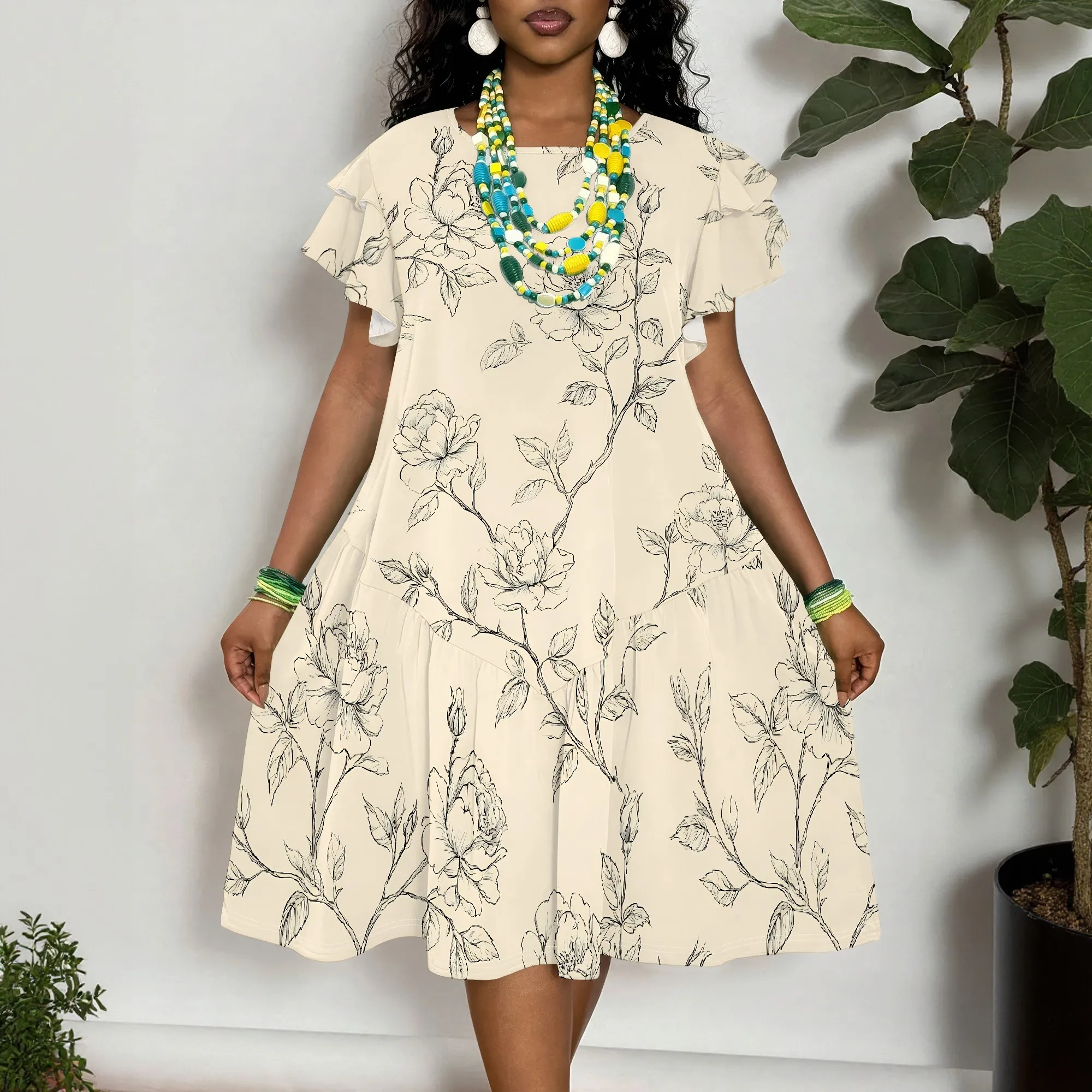 

Floral Print Ruffle Sleeve Short Dress for Women - Loose Fit A-Line Midi Dress in Cream with Black Line Art Flowers