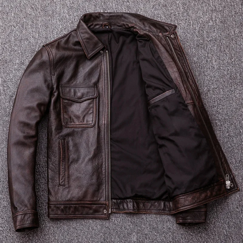 2024 New Brown Red Vintage Genuine Leather Jacket Men 100% Cowhide Natural Jackets Man Autumn Clothing Coat