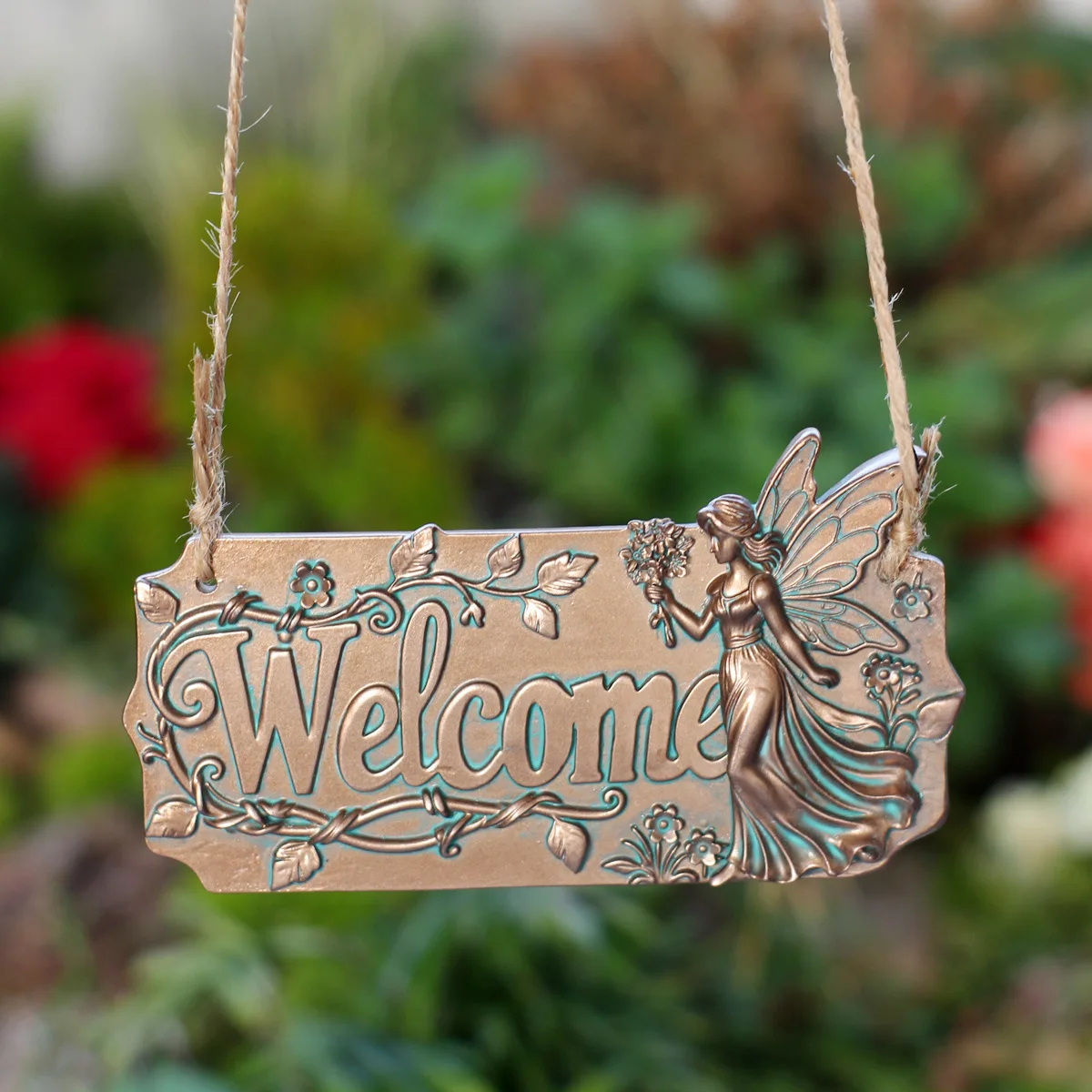 Copper Fairy Welcome Sign Hanging Ornament, Resin Garden Decor for Home Yard Entryway, Creative Art Craft