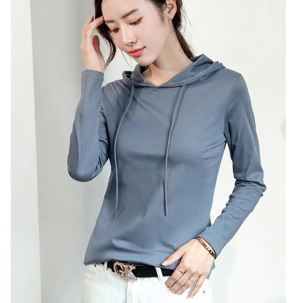 Silky cotton hooded sweatshirt T-shirt for women in spring 2025 new pure cotton versatile light luxury thin fashion base shirt