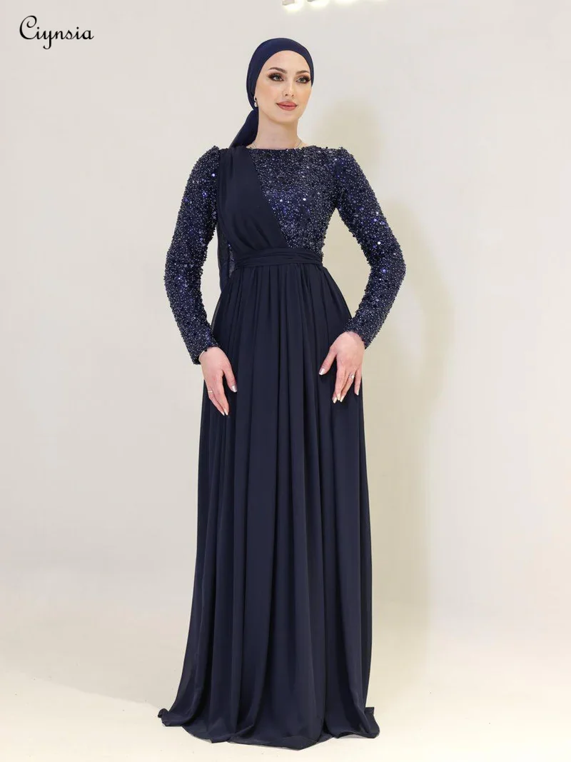 

Ciynsia Customized Sequin Chiffon Muslim Evening Dresses 2025 Robes De Soirée A-line Long Sleeve Hijab Women Formal Party Gowns