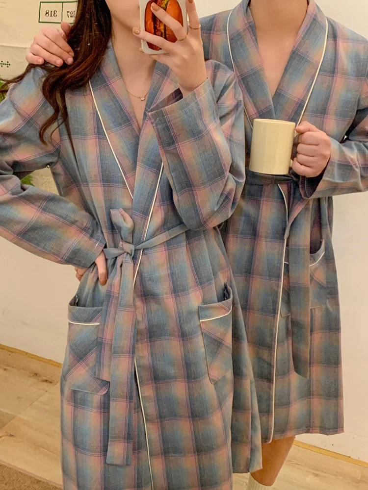 Stripe Plaid Lovers Home Gradient  Autumn Winter Long Sleeve Nightgown Warm Casual Couple Elegant Loose Korean Style Sleepwea