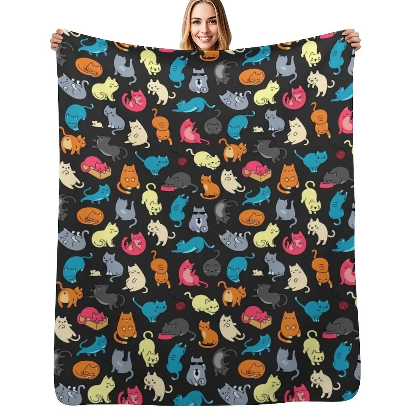 Colorful Cats and Kittens Pattern Throw Blanket Elegant Warm Throw Blanket for Hotel Home