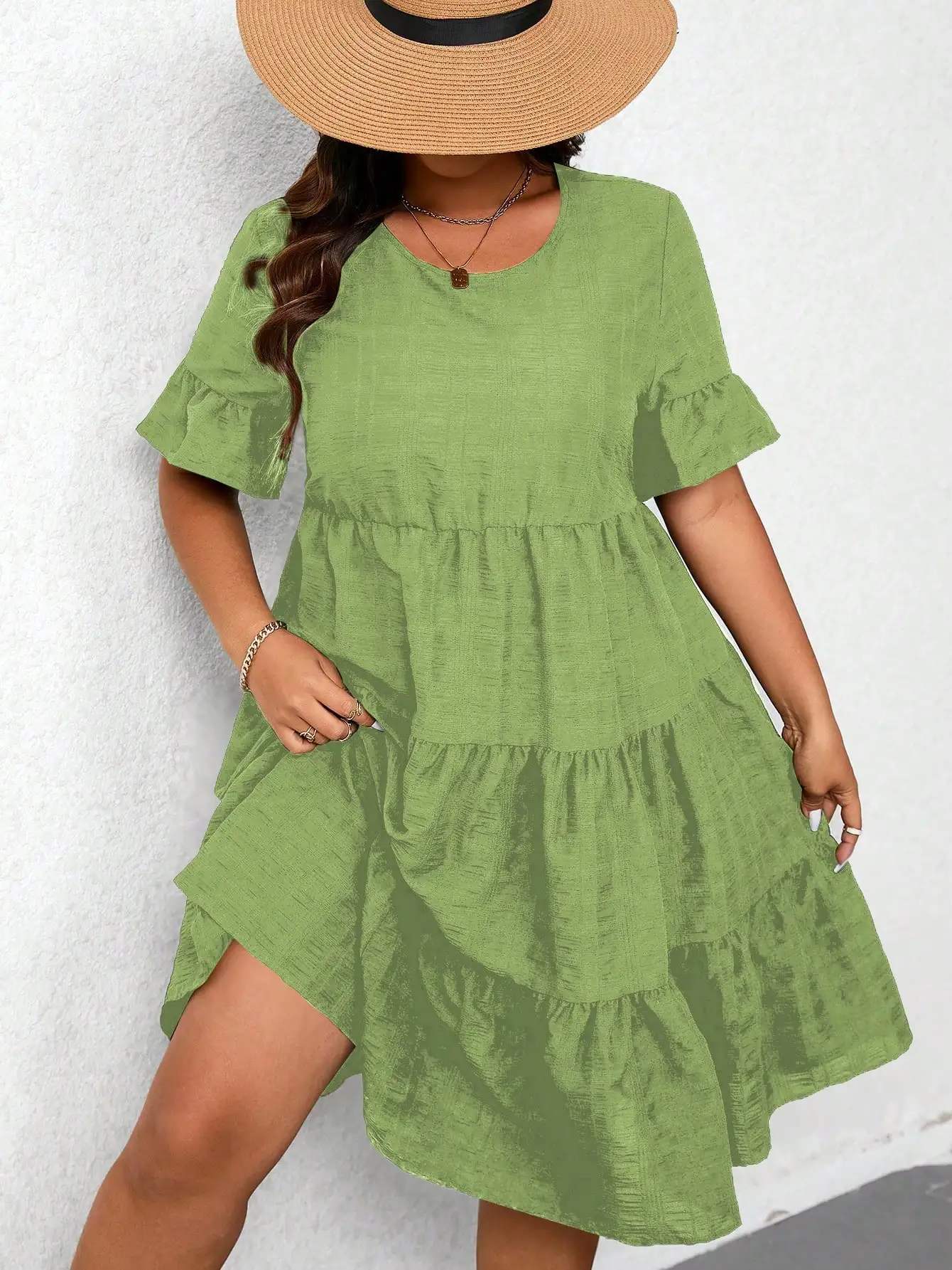 Women's Plus Size Tiered Midi Dress, Casual Round Neck Ruffle Short Sleeve A-Line Dress, Green Loose Summer Dress For Ladies view 5