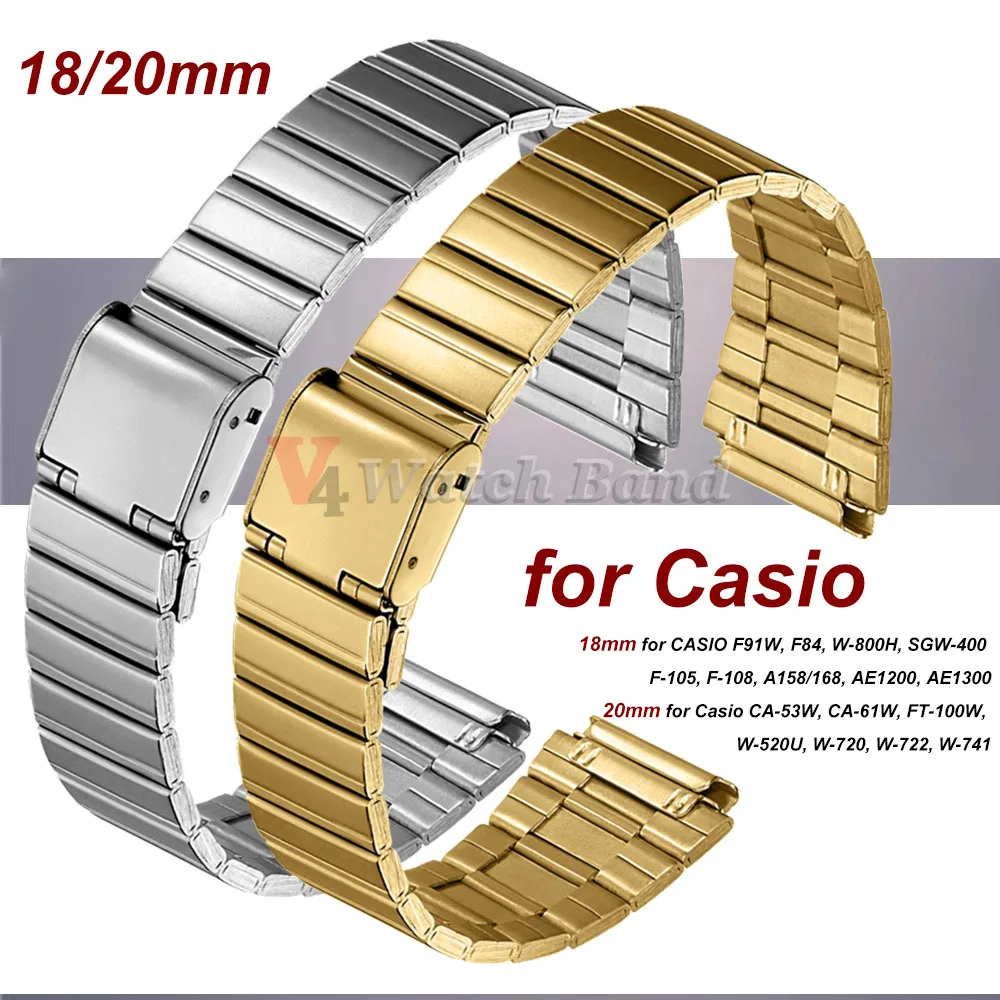 Steel Watch Strap 18mm for CASIO F91W W-800H W800H SGW400 F84 F105/108 A158/168 AE1200 Band 20mm for CA53 CA61 FT100 W520 W720