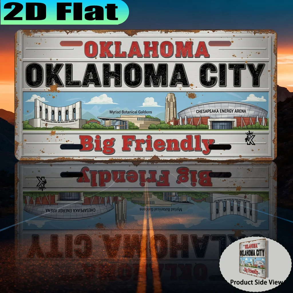 2D Flat, [2D Flat] 2D Flat Printing, 1pc, Oklahoma City Big Friendly Retro Aluminum Sign (30.48x15.24cm), Retro Urban Style, Tra