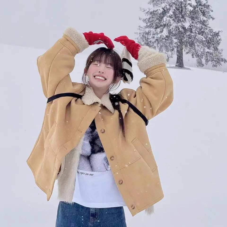 Studioboy Eco-vriendelijk bont en leer Jaet Warm Suède Lamsbontkraag Jas Vintage Sle Loose Fit Long Sve Dames Jaet