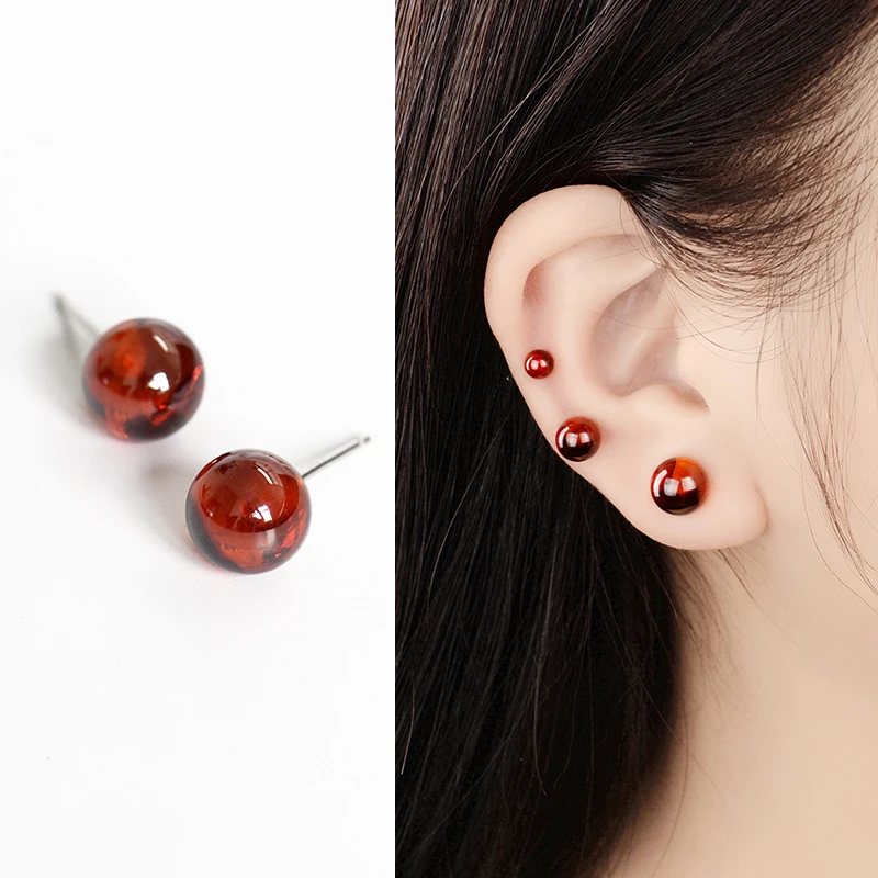 

High Quality 925 Sterling Silver Earrings Simple Natural Stone Red Garnet Beads Female Women Jewelry Girls Cute Gift